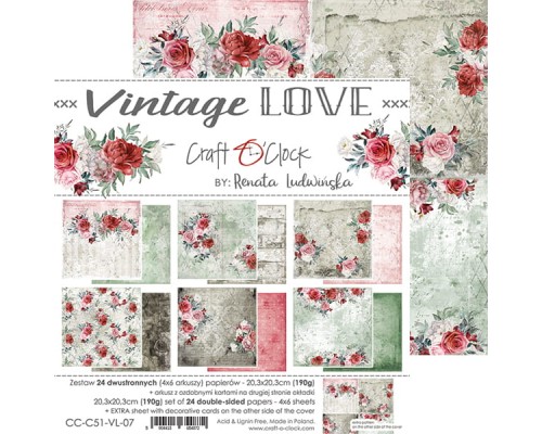 Набор бумаги "Vintage Love" 20,3 х 20,3 см., 6 листов, 1/4 набора, Craft O'Clock