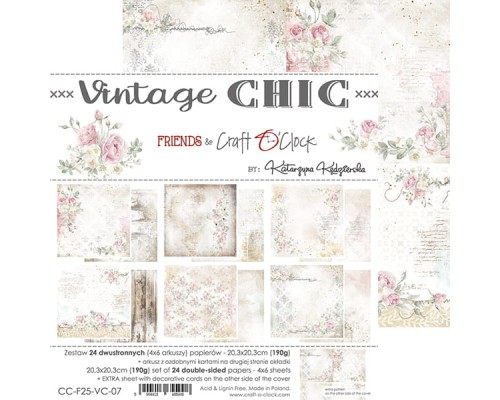 Набор бумаги "Vintage Chic" 20,3 х 20,3 см., 6 листов, 1/4 набора, Craft O'Clock