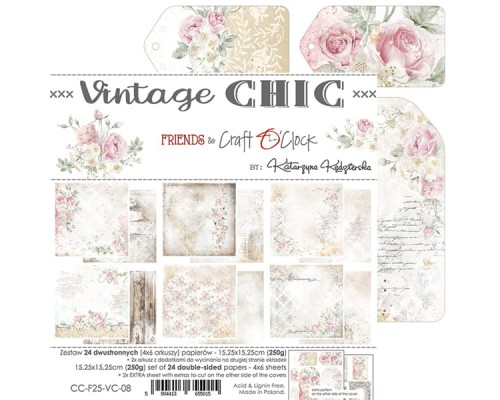 Набор бумаги "Vintage Chic" 15,25 х 15,25 см., 6 листов, 1/4 набора, Craft O'Clock