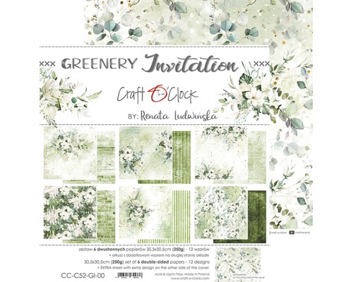 Набор бумаги "Greenery Invitation" 30,5 х 30,5 см., 6 листов, Craft O'Clock
