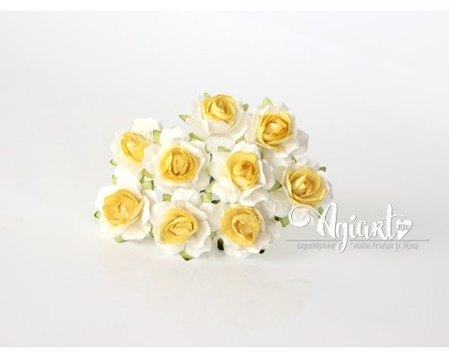 Кудрявые розы 2 см - Белые+св.желтая середина, 5 шт