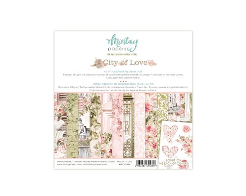 Набор бумаги "City Of Love" 15,2 х 15,2 см., 12 листов, 1/2 полного набора, Mintay paper