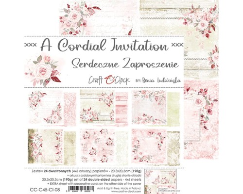 Набор бумаги "A Cordial Invitation" 20,3 х 20,3 см., 6 листов, 1/4 набора, Craft O'Clock